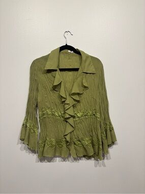 Jaipur Olive Green Ruffled Lace-Trim Blouse